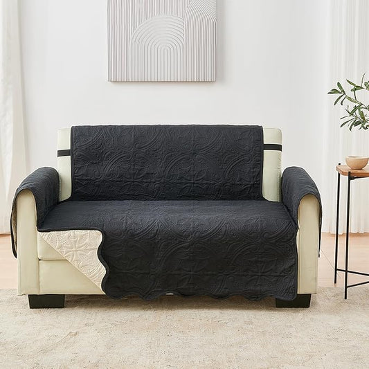 Great Bay Home Reversible Loveseat Cover - Washable Slipcover Furniture Protector with Elastic Straps - Couch Cover for Dogs, Kids, and Pets - Quilted & Stitched Detail (Loveseat, Black/Taupe)