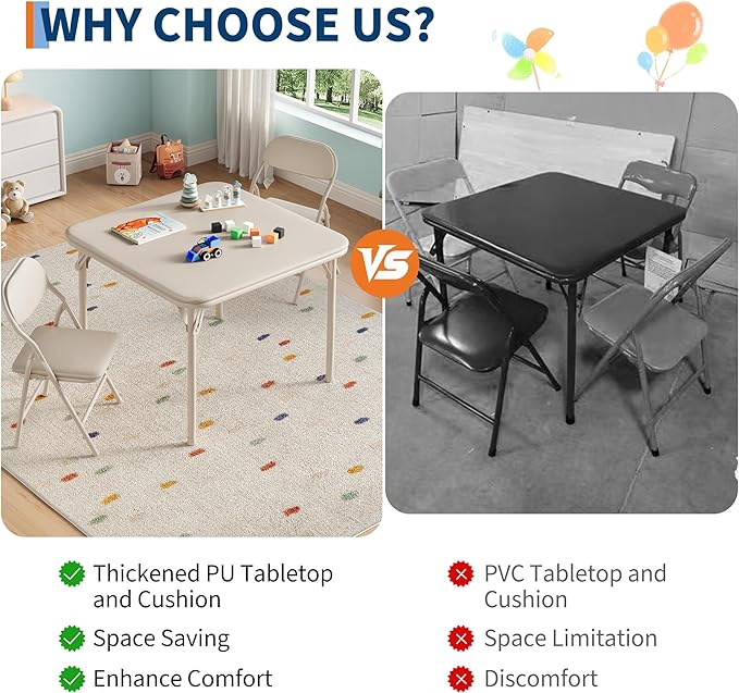 IDEALHOUSE 3 Piece Folding Kids Table and Chairs Set, Children Activity Table and Chairs Set for Dining Room,Daycare,Classrooms