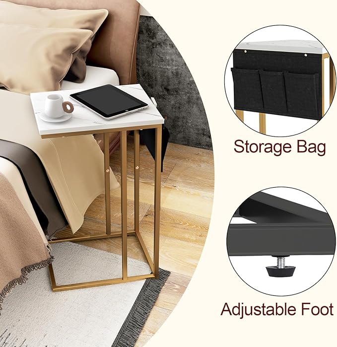 C Shaped End Table for Couch, Small Couch Side Table for Sofa, C Side Table with Storage Bag, TV Tray Table for Living Room, Bedside Table for Bedroom, Snack End Table for Couch, White