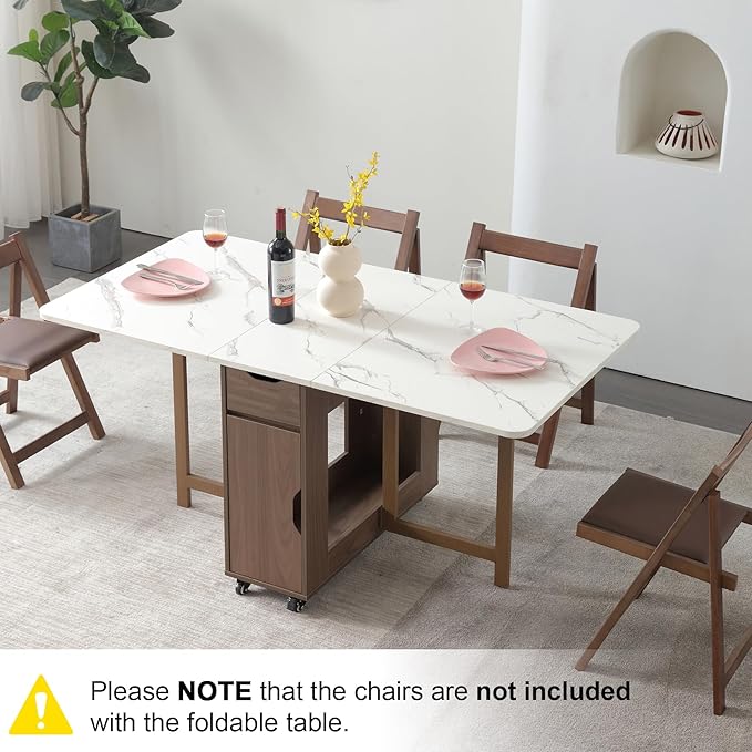 Foldable Space Saving Dining Table Extendable, Folding Dining Table with Storage and Wheels 2-Layers, Versatile Drop Leaf Table Modern for Living Room, Kitchen, RV Campers (Walnut)