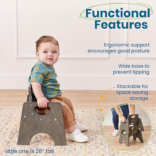 ECR4Kids Stackable Wooden Toddler Chair, 6in, Kids Furniture, Grey Wash, 2-Pack
