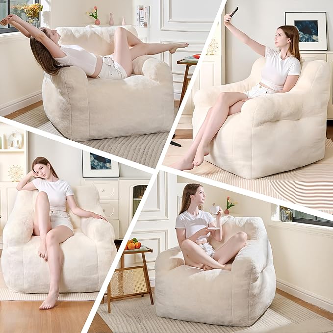 Giant Bean Bag Chairs for Adults and Kids, 3FT Bean Bag Chair with Filler, Comfy Lazy Sofa Chair for Bedroom, Living Room, Dorm (Cream)