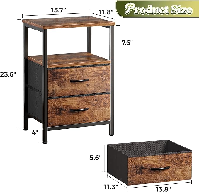 Huuger Night Stand Set of 2, Nightstand with 2 Drawers, Bed Side Table with Open Shelf, Wooden Top, End Table, Fabric Drawer, for Bedroom, Rustic Brown