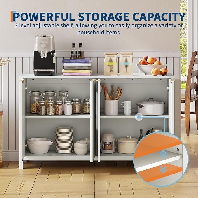 Buffet Cabinet with Storage, 55" Sideboard with 4 Doors and Adjustable Shelves, Modern Credenza Buffet Table Media Console for Dining Room Living Room Entryway, White