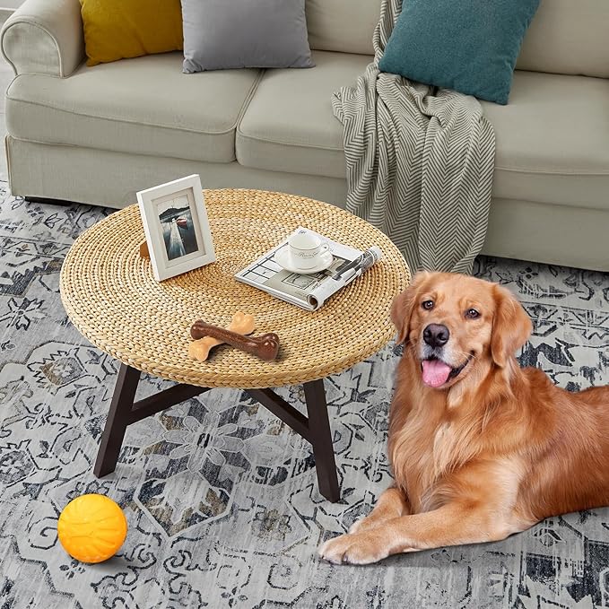 RANDEFURN Coffee Table Round, Seagrass Coffee Tables,Pine Wood X Base Frame Cocktail Table, Easy Assembled, Multiple Sizes for Living Room, Solid Wood Table,32 x 17 Inches,Natural