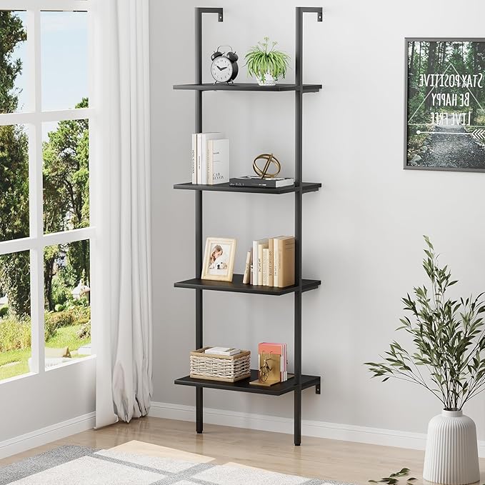 Ladder Shelf 4 Tiers Metal Industrial Bookshelf,Black Wooden Tall Open Storage Rack and Display Shelves,Wall Mount Wide Book Case for Home Office Bedroom,Small