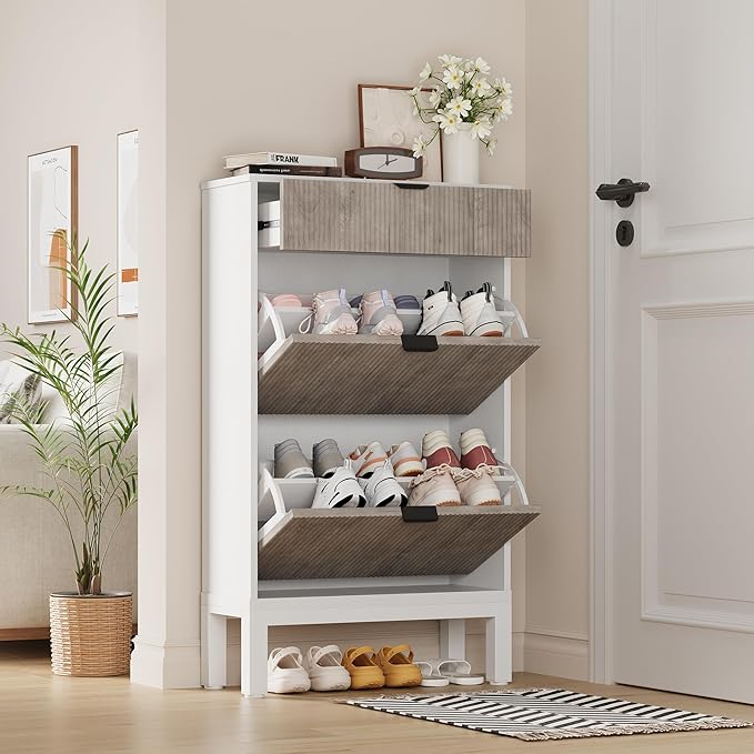 GarveeHome Shoe Storage Cabinet with 2 Flip Drawers, Farmhouse Fluted Shoe Organizer with Metal Legs, Freestanding Hidden Slim Narrow Shoe Rack for Entryway, Foyer, Hallway