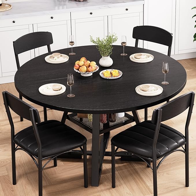 Round Dining Table Set for 4, Kitchen Table and Chairs for 4, Circle Table Round Pedestal Dining Room Dinner Dinette Table Set,5 Piece Space Saving Wood Kitchen & Dining Room Tables (Black, 47In)