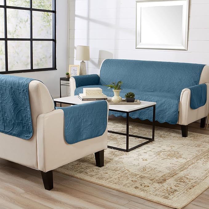 Great Bay Home Medallion Stitched Solid Furniture Protector Stain Resistant Durable Furniture Protector Elenor Collection (Chair, Smoke Blue/Ivory)