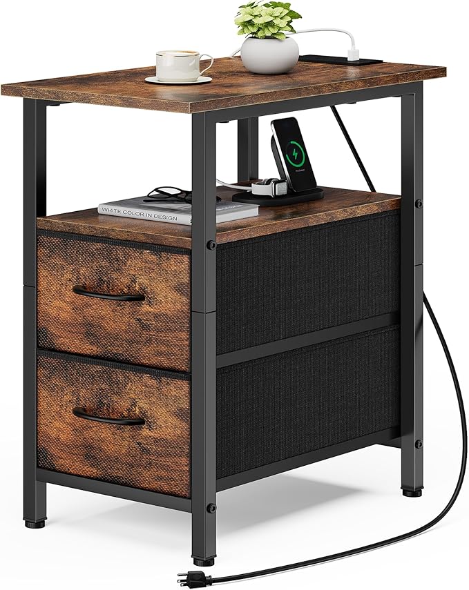 Vagusicc End Table with Charging Station, Narrow Side Table, 23.8'' Tall Nightstand with 2 Fabric Drawers, Small Sofa Side Table Narrow Nightstand for Small Spaces, Living Room, Bedroom, Rustic Brown
