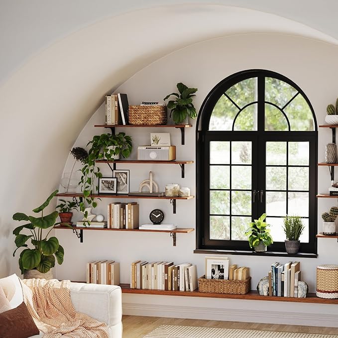 DINZI LVJ Long Wall Shelves, 31.5 Inch Large Floating Shelves Set of 2, Wide Display Shelf Wall Mounted with Brackets, Easy Hanging for Living Room, Toilet, Office, Bedroom, Rustic Brown