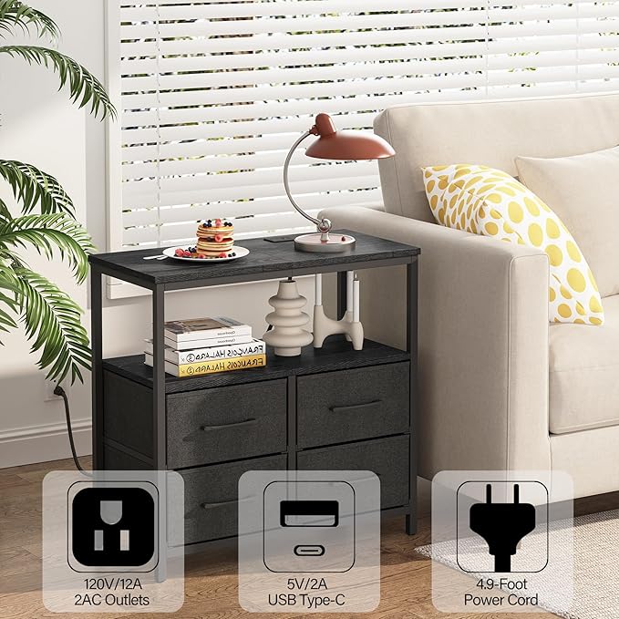 TUTOTAK LED Night Stand with Charging Station, Large Nightstand with USB and Type-C Port, Bedside Table with Cloth Drawers, End Table for Livingroom, Bedroom, Black TB01BK081L