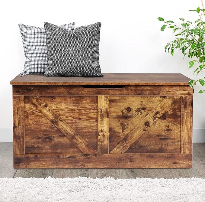 39.4" Storage Chest, Wooden Storage Bench, Large Storage Trunk with 2 Safety Hinges, Entryway Shoes Bench for Living Room, Bedroom, Rustic Brown