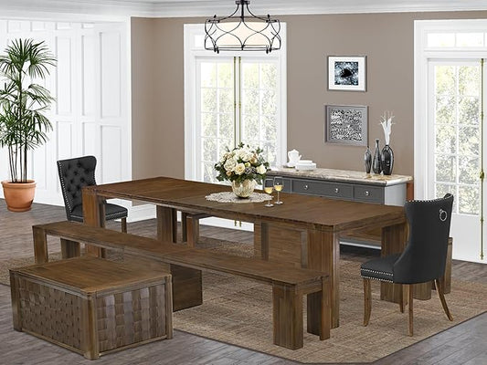 X02DA-2C8-12 6-Pc Dining Set Includes an Extendable Rectangle Kitchen Table, 1 Coffee Table, 2 Polyester Dining Chairs and 2 Modern Benches, 39x120 Inch, Antique Walnut