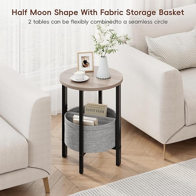 Vagusicc Small Round Side Table End Table with Storage Basket, Accent Coffee Tables Modern Round Nightstand, Set of 2 Half Round Tables, Tall Sofa Table Bedside Table for Living Room Bedroom,Gray