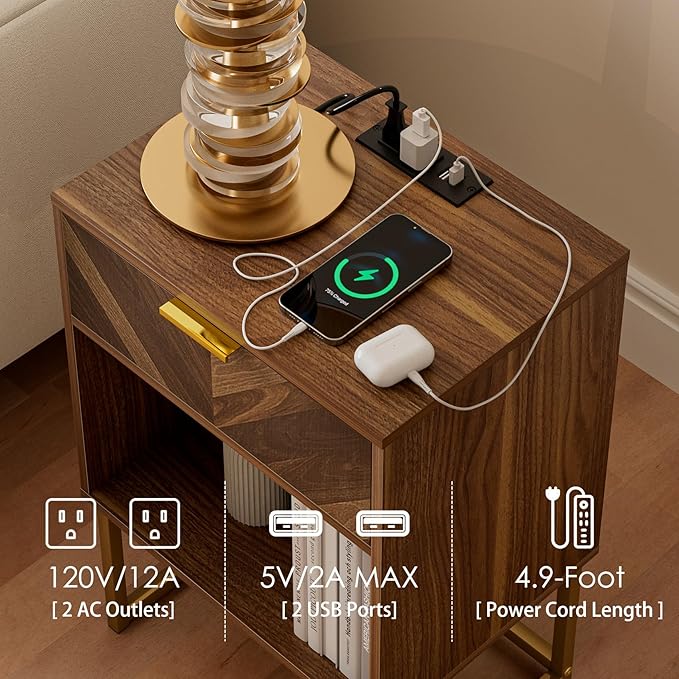 Masupu Extra Large Nightstand with Charging Station,Boho Night Stand Modern Farmhouse Wood Bedside Table with Storage Drawer and Open Shelf,Side End Table for Bedroom,Living Room,Office Brown