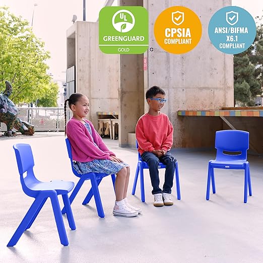 ECR4Kids 14in Plastic School Stack Chair, Classroom Furniture, Blue, 4-Pack
