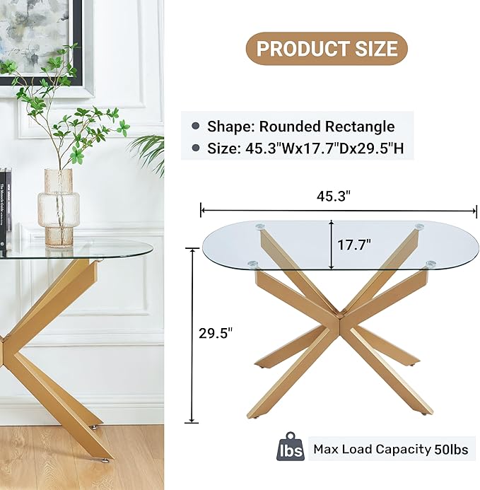 Gold Glass Oval Console Table, Modern Style Entryway Hallway Narrow Sofa Table, Entrance for Entryway, Living Room, Foyer, Hallway, Office， 45" Lx18 Wx30 H Gold