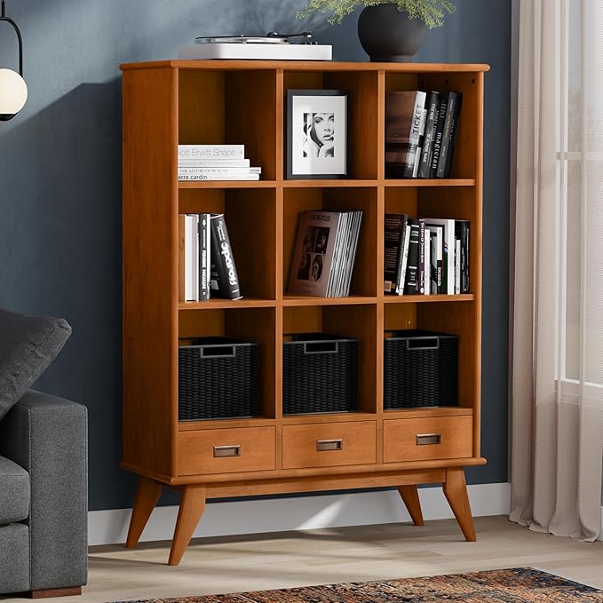SIMPLIHOME Draper Bookcase - 58 inch Tall 9-Cube Solid Hardwood Cube Organizer with Drawers in Teak Brown, Mid-Century Storage for Living Room, Entryway or Bedroom with Cubbies and Angled Legs