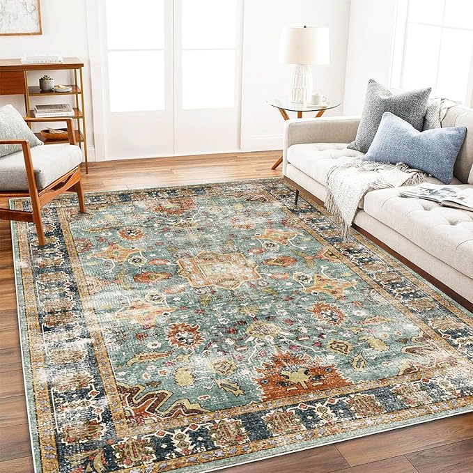 Area Rug 10'x14' Washable Vintage Traditional Mat Distressed Indoor Foldable Thin Retro Accent Floral Print Non Slip Carpet for Living Room Dining Room Office