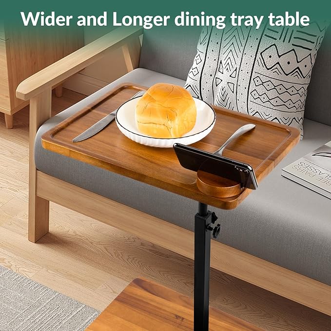 Solid Wood Acacia Wood Couch Table,360° Swivel Height Adjustable C Table with Phone & Tablet Stand,TV Trays for Eating on Couch, Bedroom or Livingroom, Oblong.