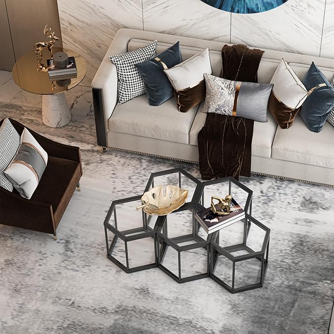 Coffee Table Glass Modern Coffee Table, Hexagon Free Combination Glass Center Table Small End Tables with Metal Frame for Living Room Set of 3