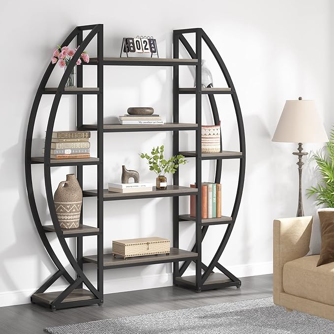 Tribesigns Oval Bookshelf, Triple Wide 5 Tier Etagere Bookcases, Industrial Display Shelves for Living Room (Gray, 55")