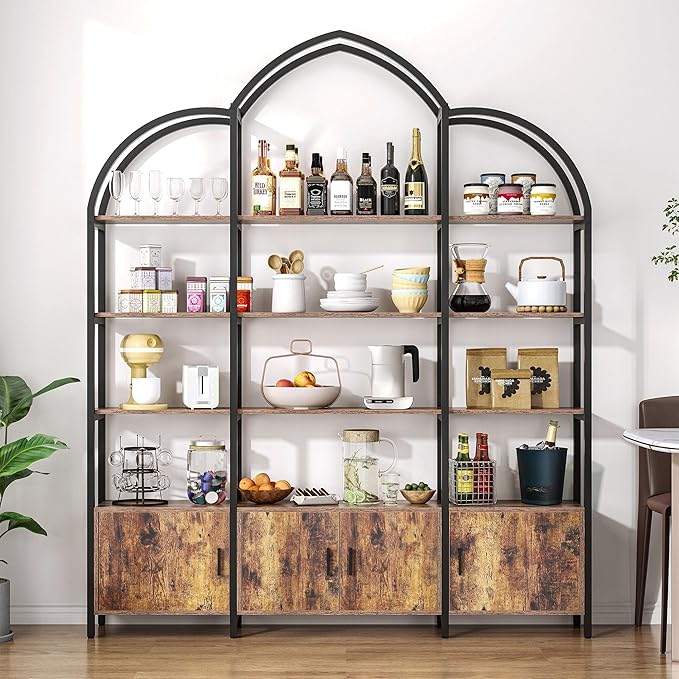 Triple Wide 5 Tier Tall Arched Bookshelf and Bookcase with 3 Cabinets, Industrial Metal Etagere Open Bookshelf, Rustic Wood Standing Book Shelf with Black Metal Frame for Bedroom Living Room