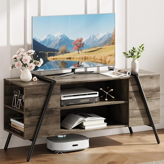 Garvee 47 Inch TV Stand with Slanted Metal Legs, Industrial Media Console with Adjustable Open Shelves, Wooden Entertainment Center Television Stand for Living Room, Bedroom, Oak