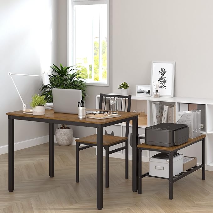 Teraves Dining Table Set for 4/Computer Desk,Kitchen Table with 2 Chairs and a Bench,Table and Chairs Dining Room Set 4 Piece Set for Dining Room (Teak, 110CM)/ 43.31"
