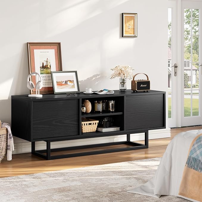 HAIOOU TV Stand for 50 55 Inch TV, Modern TV Console Small Entertainment Center with Sturdy Metal Base, Push-to-Open Doors and Soft-Close Hinges for Living Room, Bedroom - Wood Grain Black