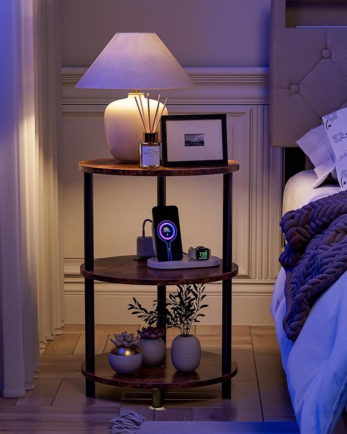Small Round Side Table - 3-Tier Oval Accent Table for Small Spaces, Rustic Wood and Metal Nightstand for Living Room or Bedroom, with Built-in USB Ports and Power Outlet, Rustic Brown