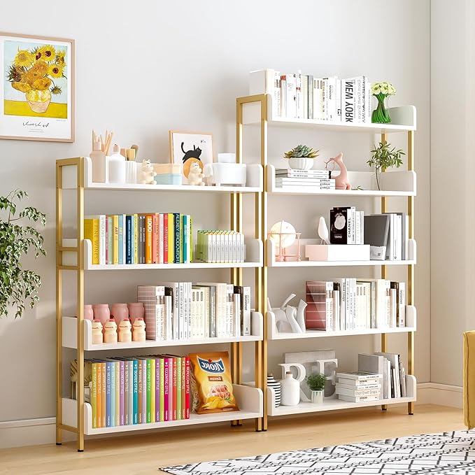 Wide Open Shelf Bookcase - Modern 4-Tier Floor Standing Display Bookshelf with Three-Side Baffles for Home and Office, Storage Shelving in Warm White with Gold Frame
