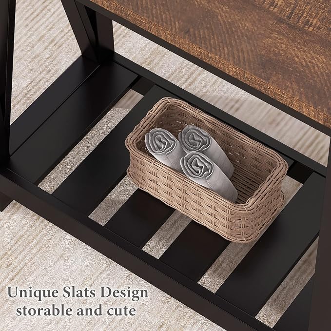 ChooChoo Farmhouse End Table, Rustic Vintage Narrow End Side Table with Storage Shelf for Small Spaces, Nightstand Sofa Table for Living Room, Bedroom Black 2 Pack