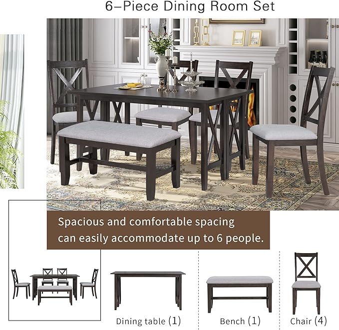 Ball & Cast 6-Piece Dining Table Set, 60" Wood Dining Kitchen Table & Chairs Set, Rectangular Dining Room Foldable Table with 4 Upholstered Chairs & 1 Bench,Perfect for Dining Room, Kitchen, Espresso