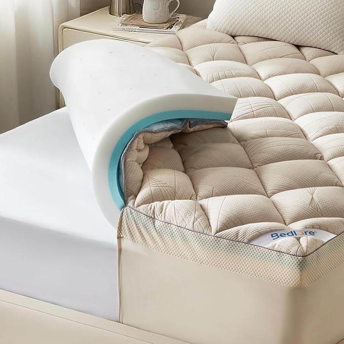 Bedlore 4-Inch King Mattress Topper for Back Pain - Dual Layer Medium Support (2" Gel Memory Foam + 2" Cooling Fluffy Pillow Top Pad), Breathable & Pressure Relief(Beige)