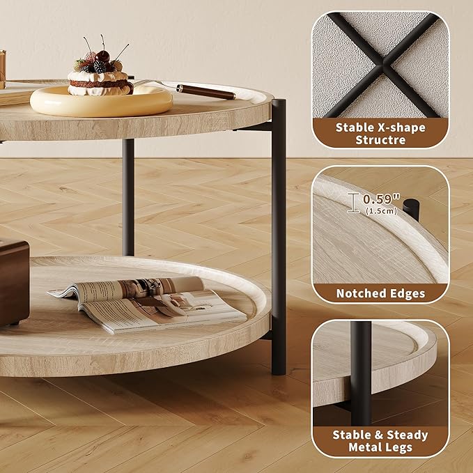 Round Coffee Table for Living Room, Rustic Wood Desktop Center Table with Sturdy Metal Legs, 2-Tier Circle Coffee Table with Storage Shelf, Small Space Center Sofa Table, Modern Home Furniture