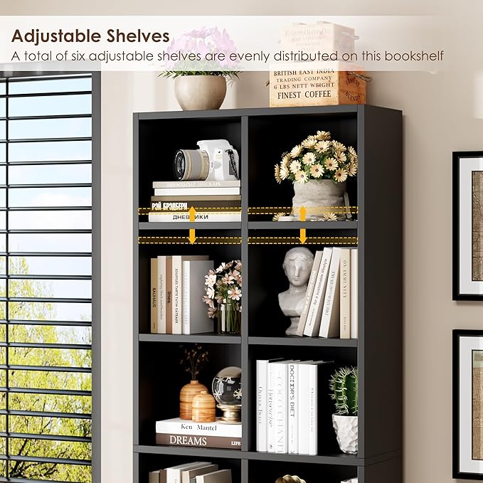 FOTOSOK 71'' Tall Bookshelf, Double Wide Media Tower Rack CD DVD Rack Display Cabinet with Adjustable Shelves, Tall Narrow Bookcase Black Bookshelf for Home Office, Black