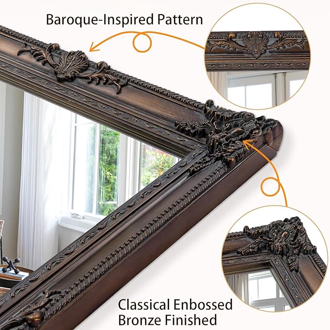 Antique Decorative Mirror, 37.4''x25.6''Vintage Mirror with Ornate Bronze Wood Frame, Decorative Wall Mirrors for Entryway, Living Room, Bathroom