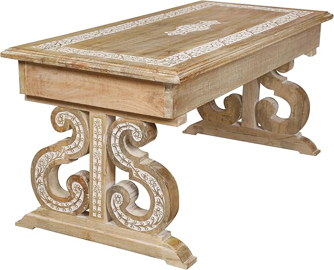 Lightnpro Mango Wood Rectangular Coffee Table - Living Room Center Table, Rustic Vintage Charm, Eco-Friendly Furniture, Reclaimed Wood - 40x18 Inch White Wash Finish
