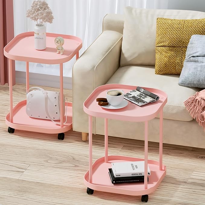 Side Table with Wheels, End Table Living Room Plastic Mobile Sofa Side Table Small Night Stand Bedroom Pink (2 Pack)
