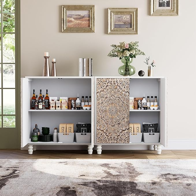 COSIEST Set of 3 32" Buffet Sideboard Cabinets with Vintage Firework Carved Pinewood Doors, Push-to-Open Storage Accent Cabinets, Gray