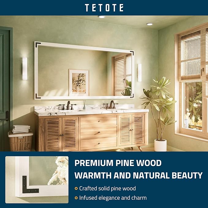 TETOTE 72 x 36 White Wooden Mirror for Bathroom Wall/Bedroom/Living Room/Entryway Farmhouse Rustic Bathroom Vanity Mirror for Wall Waterproof (Horizontal/Vertical Mounted)