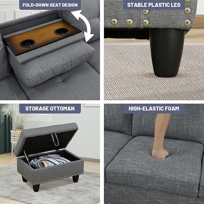 L Shaped Modular Sectional Sofa with Reversible Chaise Lounge, 5-Seater Corner Couch, Linen Upholstery Convertible Sofá w/Movable Ottoman, Cup Holders, 2 Pillows and Rivet Ornament for Living Room