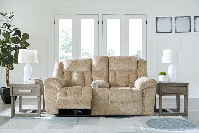 Signature Design by Ashley Tip-Off Classic Wall Hugger Power Reclining Loveseat with Adjustable Headrest, USB Ports, Storage and Cup Holders, Light Brown