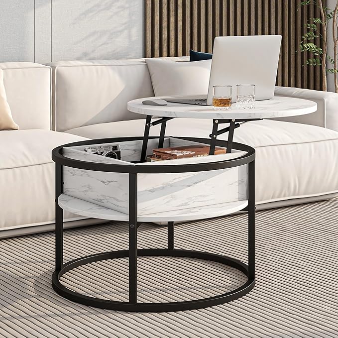 Round Coffee Table with Storage, Lift Top Coffee Table with Hidden Compartment, Farmhouse Juxing Design for Living Room, 2-Tier Small Round Dining Center, White