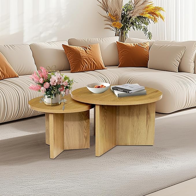Round Nesting Coffee Tables Set of 2, Modern Stacking Table with Wood Grain Finish, End Table Side Tables for Living Room (Natural Oak)