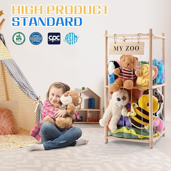 Stuffed Animal Storage Zoo, Wooden Stuffed Animal Organizer with Elastic Cords for Boys Girls, Space Saving Toy Plushies Storage Holder for Playroom, Bedroom, Living Room (Burlywood, Small)