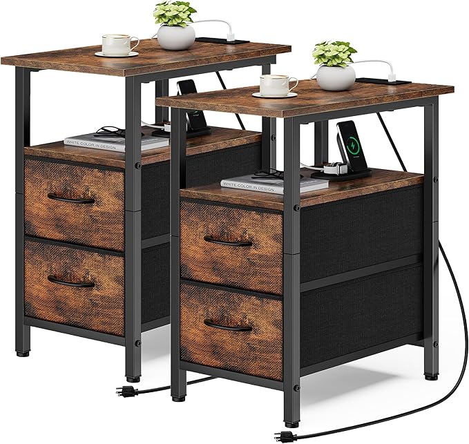 Vagusicc End Table with Charging Station Set of 2, Narrow Side Table, 23.8'' Tall Nightstand with 2 Drawers, Small Sofa Side Table Narrow Nightstand for Small Spaces Living Room, Bedroom, Rustic Brown