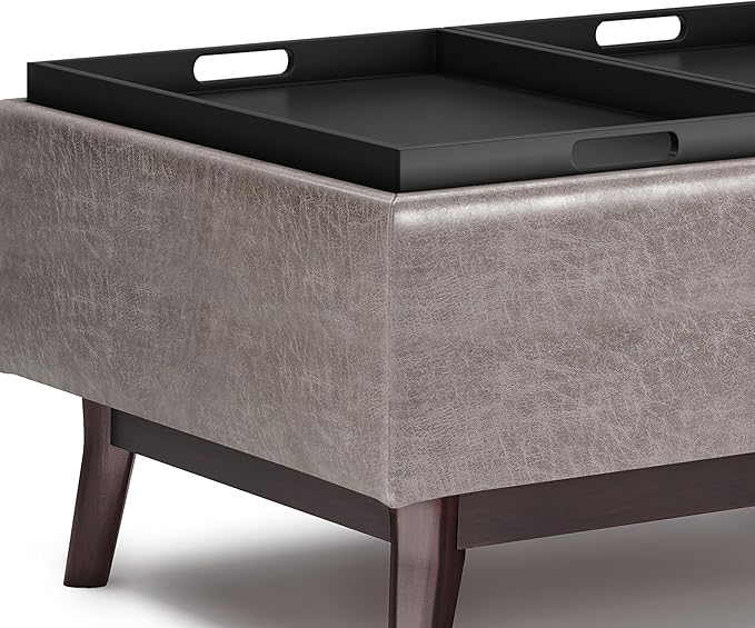 SIMPLIHOME Owen 34 inch Wide Mid Century Modern Rectangle Tray Top Small Coffee Table Storage Ottoman in Distressed Grey Vegan Faux Leather, Assembled, For the Living Room, Entryway and Family Room
